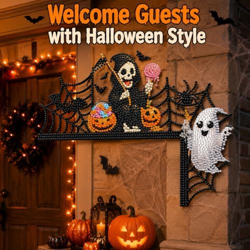 DIY Halloween Witch Pumpkin Diamond Art Wooden Door Corner Decoration, Halloween Frame Sign Kit, Creative Wall Art Mosaic Frame Sign for Home Decor & Gifts