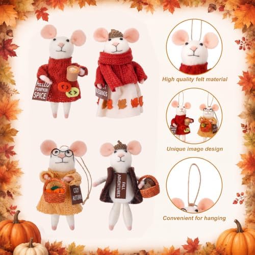Hahafelt 4 Pcs Fall Felt Mice Ornaments Set Autumn Handmade Wool Mouse