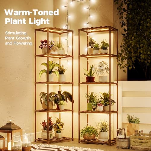 Bamworld Plant Stands with Grow Lights Sets of 2 Tall Plant Shelves