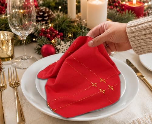 COTTON CRAFT Christmas Cloth Napkins - Set of 12 Red Gold Dinner Napkins