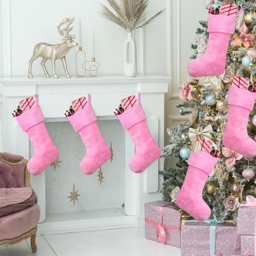 12 Pcs Christmas Stocking 18" Plush,Pink