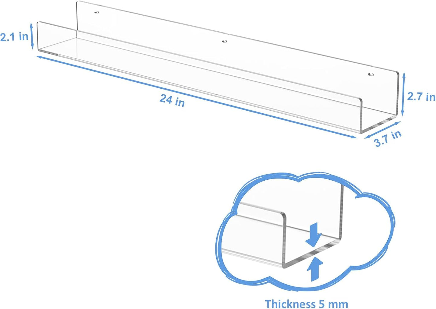 NIUBEE 24”Acrylic Floating Bookshelves for Kids Wall Shelves 2 Packs | Premium Acrylic 50% Thicker with Screwdriver
