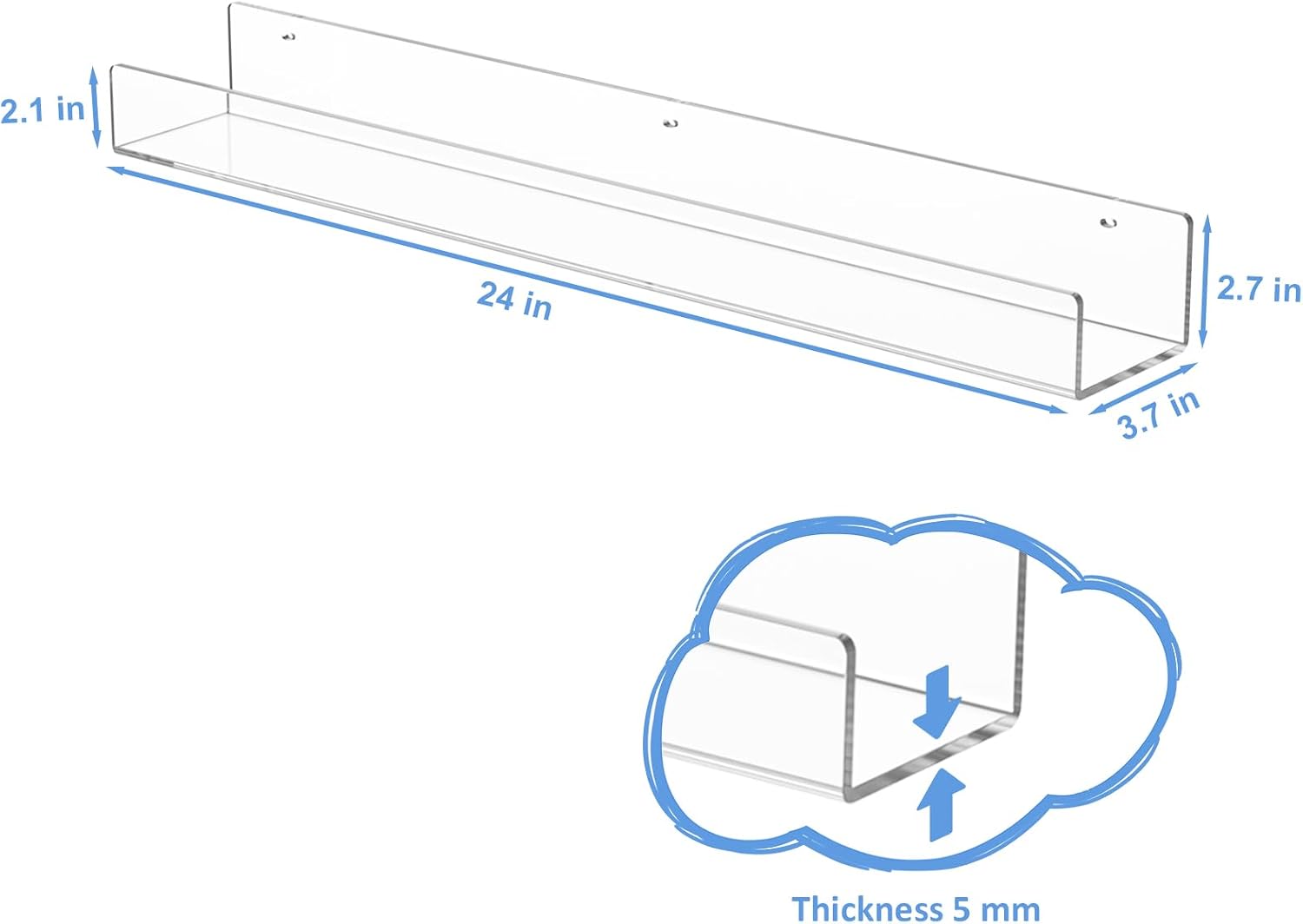 NIUBEE 24”Acrylic Floating Bookshelves for Kids Wall Shelves 2 Packs | Premium Acrylic 50% Thicker with Screwdriver