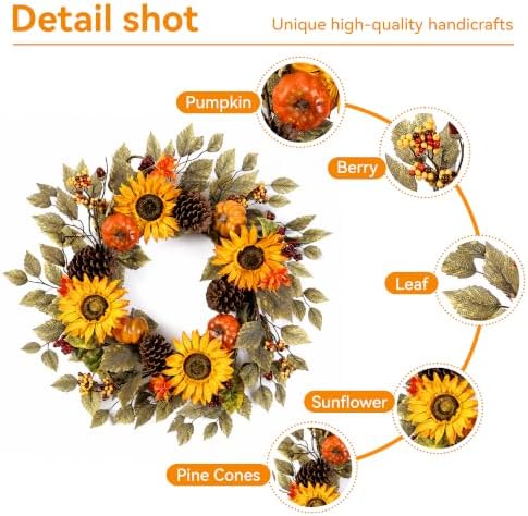 Pinkpum 20" Fall Wreath Front Door Pumpkin Sunflower Pine Cones Wall Decor