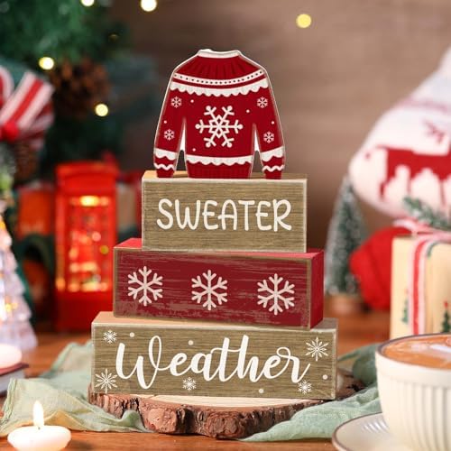 Lineshading 4 Pcs Christmas Table Decoration Wooden Block Signs Sweater