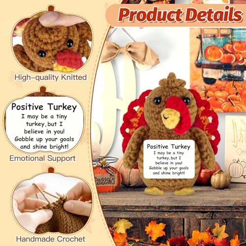 Thanksgiving Turkey Positive Crochet Gifts Emotional Support Crochet Turkey with Positive Card for Women Family Friend Inspirational Handmade Thanksgiving Birthday Gift for Fall Home Desk Basket Decor