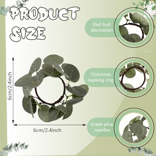 6 Pcs Christmas Napkin Rings Wreath Napkin Holder, Eucalyptus Leaf
