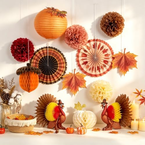 Paper Jazz Thanksgiving Hanging Decorations with Paper Turkey Friendsgiving Party Decoration with Fall Pompom Pumpkin Honeycomb Decor for Harvest Fall Decorations for Home Autumn Backdrop