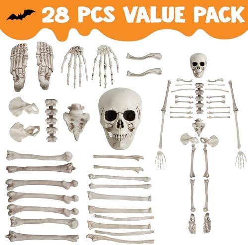 JOYIN 28 PCS Halloween Decorations Skeleton Bones and Skull Kit, Indoor Outdoor Decorations Plastic Bones Scary for Spooky Graveyard Haunted House Lawn Yard Party Decor