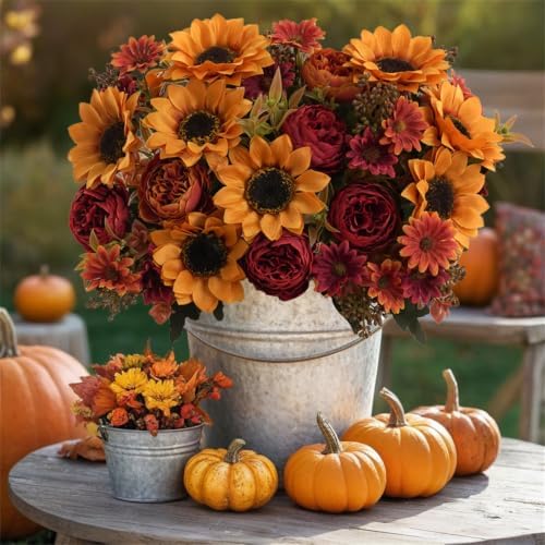 2 Pcs Fall Artificial Sunflower Peony Bouquet, Yellow Burgundy Silk Faux Flower, Autumn Faux Floral Arrangements for Wedding Table Centerpiece DIY Thanksgiving Farmhouse Indoor Outdoor Party Decor