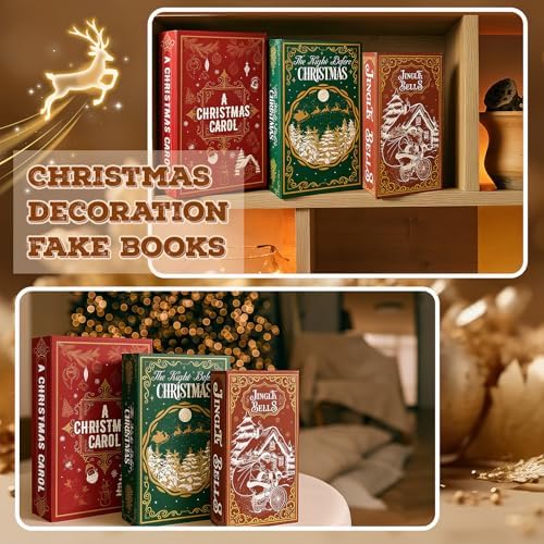 Threehoney 3 Pack Christmas Decorative Books Christmas Decor Extra Deep Faux Book Russian Doll Style Hidden Storage Box with Magnetic Cover Holiday Themed