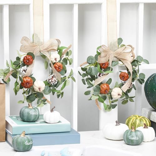Syhood 2 Pcs 9 Inch Small Fall Wreath for Cabinet Mini Fall Wreath
