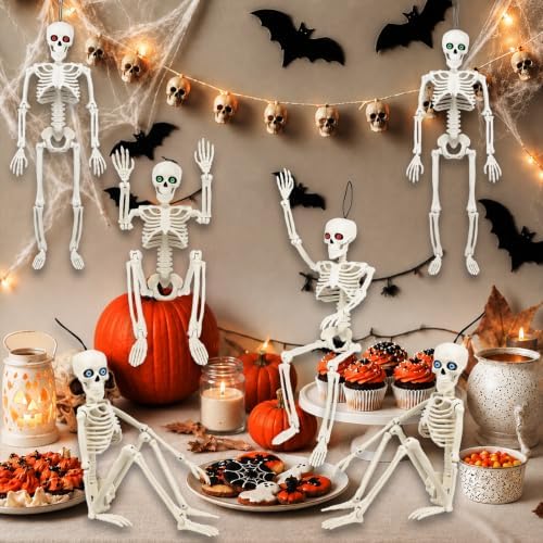 6 Pack 16" Halloween Skeleton Decor with Eyes & Box (White)