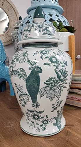 Galt International Veridian Parrot Floral Chinoiserie Ceramic Temple Jar 18" w/Lid - Ginger Jar Home & Kitchen Decor
