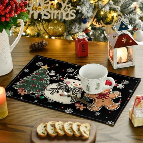 Artoid Mode Snowman Tree Gingerbread Black Christmas Placemats Set of 4, 12x18 Inch Seasonal Winter Holiday Table Mats for Party Kitchen Dining Decoration
