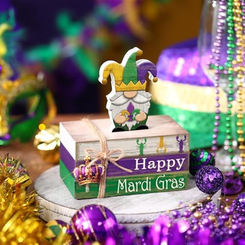 4 Pcs Mardi Gras Decorations Wooden Mardi Gras Table Centerpiece Crawfish Gnome Carnival Tiered Tray Decorations Mini Wooden Faux Books Stack Signs for Masquerade Office Tabletop Bookshelf