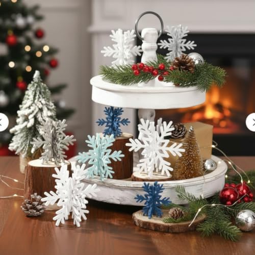 Bucherry 12 Pcs Wooden Snowflakes Table Decor,White, Gray, Blue