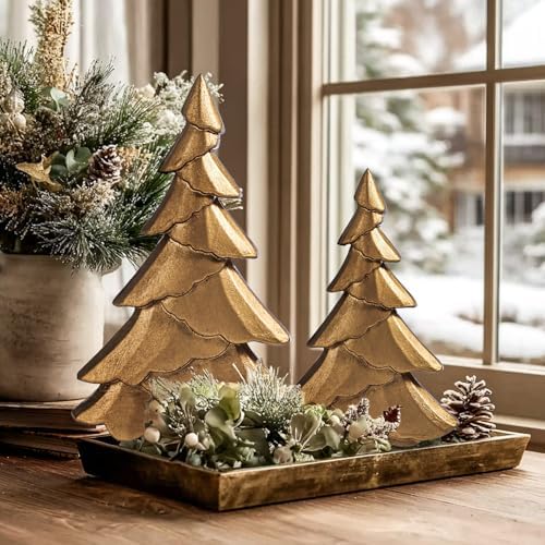 RM ROOMERS Christmas Tree Figurines Wooden, Set of 2 Gold Christmas Tree