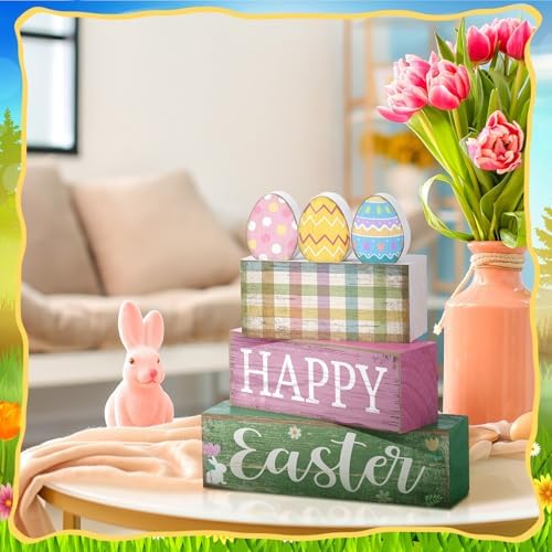 Lineshading 4 Pcs Easter Wooden Block Signs, Farmhouse Tiered Tray Decor