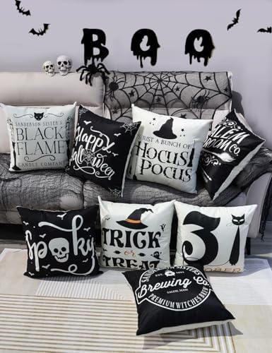 Halloween Decorations Set Of 4 Double-Sided Print Pillow Covers 20" x 20", with 8 Cute Halloween Decor Patterns, Elegant Invisible Zipper, Soft Linen Throw Pillow Covers for Outdoor & Indoor Use