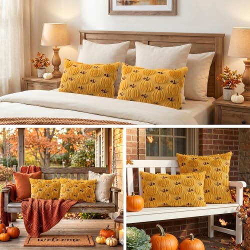 Artscope Fall Pumpkin Throw Pillow Covers 12x20 Set of 2, Autumn Soft Plush Faux Fur Decoration Cushion Covers for Thanksgiving Holiday Couch Sofa Bedroom Home Decor-Mustard Yellow