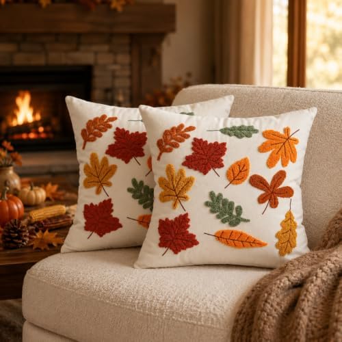 Fall Outdoor Throw Pillow Covers 20x20 2pcs, Autumn Thanksgiving Decor