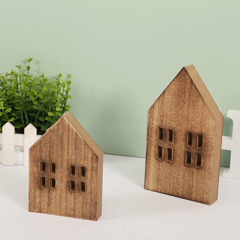 Block Farmhouse Home Wooden Sign House Shaped Wooden Sign Tiered Tray Decor / Brown / Set of 2