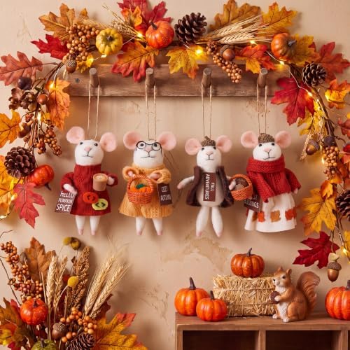Hahafelt 4 Pcs Fall Felt Mice Ornaments Set Autumn Handmade Wool Mouse