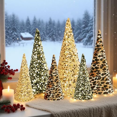 6 PCS 12" 10" 6" Christmas Leopard Cone Tree Decoration Christmas Glitter Leopard Cheetah Print Table Tree Farmhouse Velvet Tree Tiered Tray Ornament for Home Holiday Tree Centerpiece Decor
