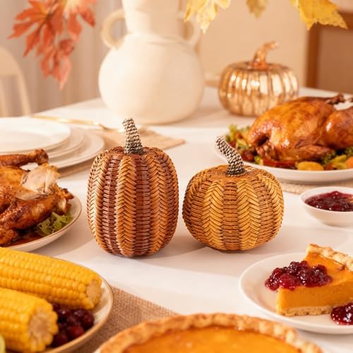 Valery Madelyn Thanksgiving Fall Decoration for Home Pumpkin Decor, 2pcs Resin Statue Artificial Rattan Pumpkins Figurine, Autumn Harvest Halloween Table Centerpieces, 6.2 inch