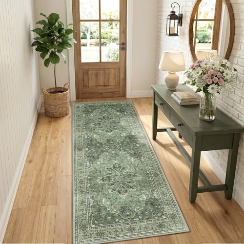 RELEANY Washable Area Rug, Runner 3'x6', Green/Dark Green/Gray