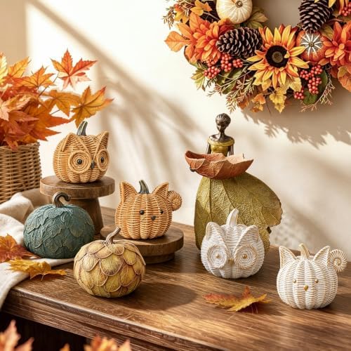 Fall Decor Animal Pumpkin Decorations – Squirrel Fake Pumpkin Resin Woven Design Animal Figurines for Table Shelf Mantel, Thanksgiving Halloween Decorations Gifts for Autumn Decor(Gold&White)