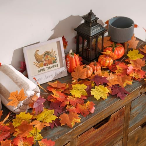 CQURE 9 Pack Fall Leaf Garland, Total 70 Ft Artificial Fall Maple Leaves Autumn Vines Garland Thanksgiving Decor for Home Fireplace Party