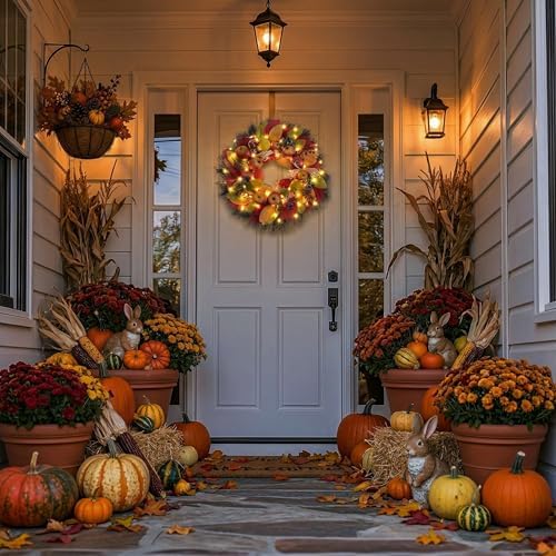 Valery Madelyn 24'' Collapsible Pre-Lit Fruits Fall Wreath for Front Door