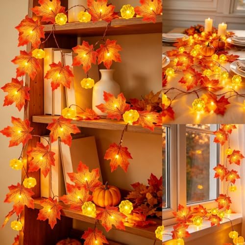 Timer&3 Pack Halloween Fall Decor Fall Garland with Pumpkin Lights 60LED