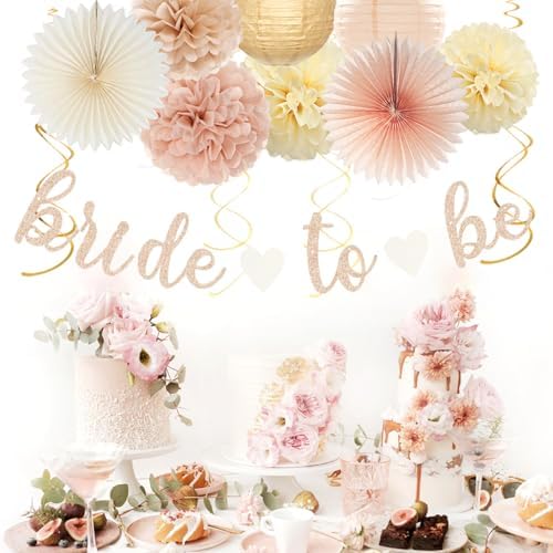 Champagne-Gold Beige Fall Bridal-Shower Party-Decorations - 36pcs Bride To Be Banner,Bachelorette Paper Lanterns,Wedding Streamers Garland,Boho Peach Tissue Pom Poms Flower Fan Decor Supplies Burgleda