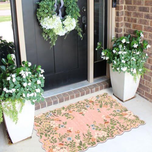 Front Door Mat Indoor Outside Entrance - 2x3 Ft Pink Floral Rug