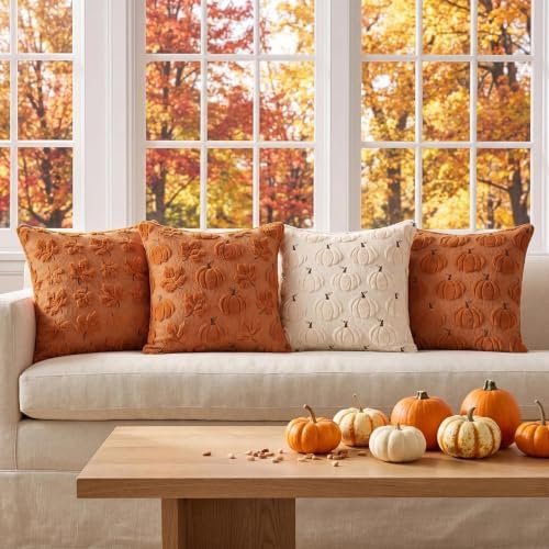 Fall Throw Pillow Covers 20x20 Set of 2 Rust Orange Plush Maple Leaf