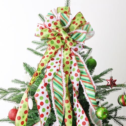 Bunny Chorus Christmas Decorations Indoor: 65pcs Christmas Tree Ornaments Set, Large Red Green White Tree Topper, Cute Hanging Green Bow Ribbons Xmas Ball, Home School Office Wedding Party Décor