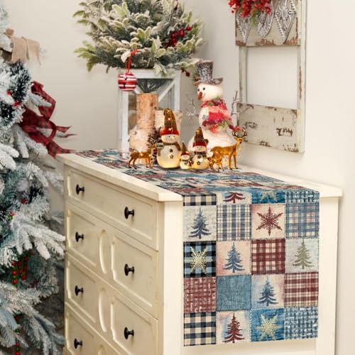 RABUSOFA Christmas Trees Table Runner 13 x 72 Inch, Waterclor Buffalo Plaid Seasonal Winter Holiday Xmas Winter Kitchen Dining Table Merry Christmas Decoration for Indoor Outdoor Home Party Decor
