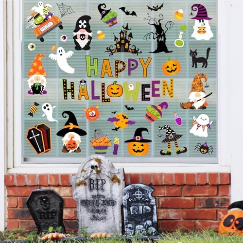 Whaline 9 Sheets Happy Halloween Window Cling Stickers Cartoon Pumpkin Ghost Gnome Window Decals Cute Reusable Decoration for Halloween Holiday Party Home Classroom