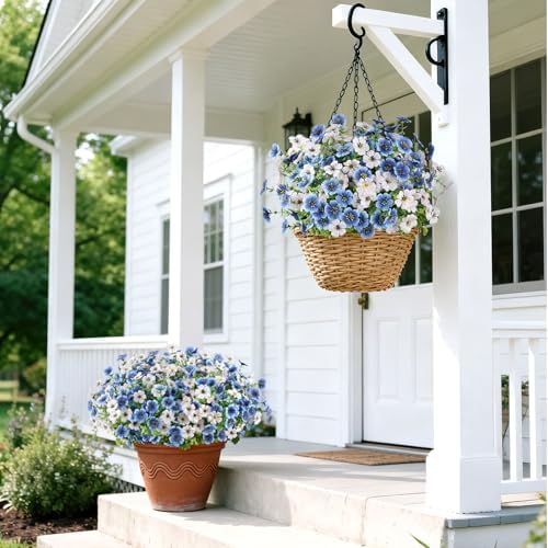 16PCS UV Resistant Artificial Flowers for Outdoors, White + Blue