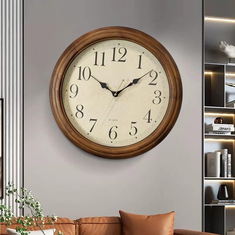 CHIRAY 16-Inch Solid Wood Silent Non-Ticking Decorative Wall Clock with Large Arabic Numerals Battery Operated Analog