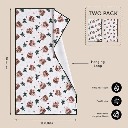 RECYCO Christmas Waffle Kitchen Towel Set of 2 - Quick Dry Microfiber Sustainable Dish Towels - Ultra Absorbent Reusable Cleaning Tea Towels - Lightweight Hand Towels,16”x 28”, Gingerbread Joy
