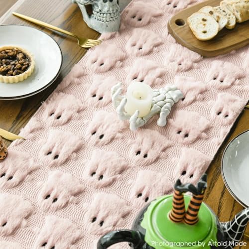 Artoid Mode Pink Soft Faux Fur Ghost Halloween Table Runner 13x72 Inch