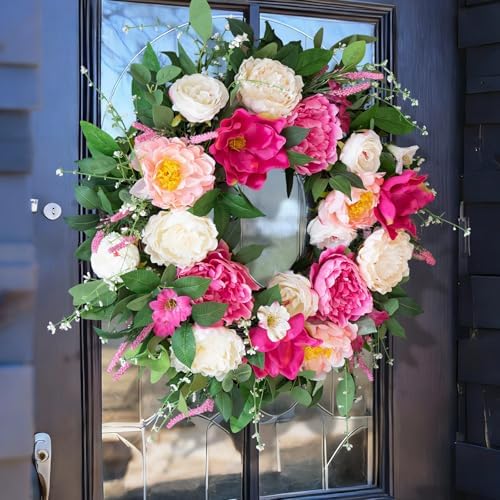 24 Inch Spring Summer Wreaths for Front Door Outside with Peony & Rose