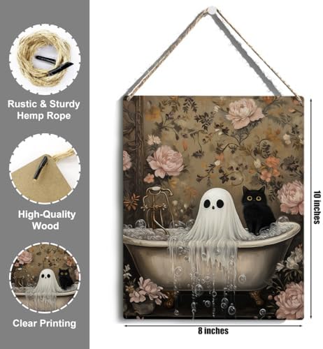 Funny Halloween Bathroom Decor, Cute Halloween Decorations Indoor, Spooky Halloween Wall Art Wooden Hanging Sign, Ghost Black Cat Farmhouse Wood Block Plaque Sign Decor for Home Washroom Bathroom