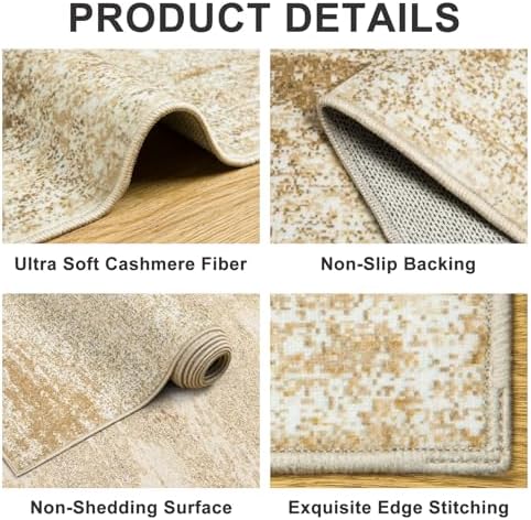 PLHXFR 9x12 Area Rug Living Room: Modern Abstract Washable Carpet Beige product details showing rug surface, non-slip backing, rolled profile, and edge stitching