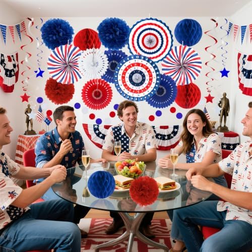 24 Pcs Patriotic 4th of July Decorations Kit, Paper Fans Pom Poms 8-16 in