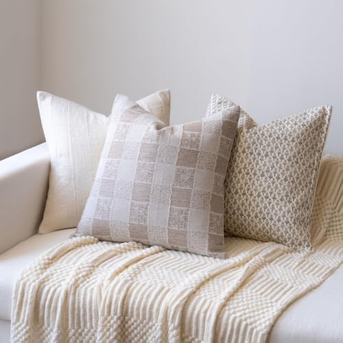 Decorative Neutral Throw Pillow Covers Farmhouse Pillow Covers Cotton Check / Taupe Check / 18 x 18